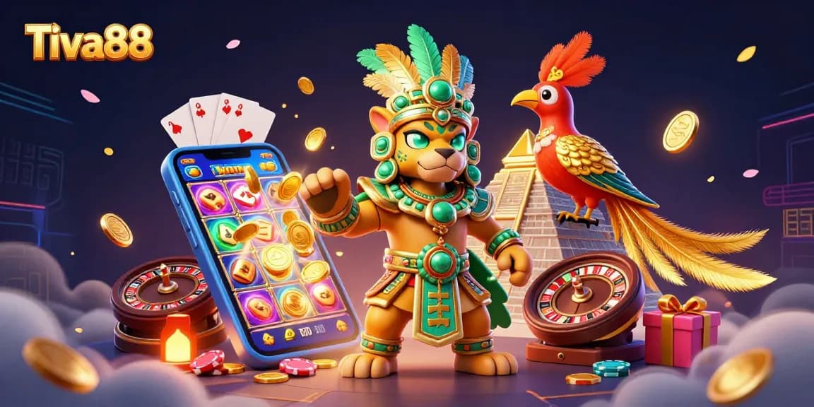 Tiva88 offers a vibrant casino scene featuring a Mayan priest, slot games, and golden coins, showcasing thrilling gaming experiences.