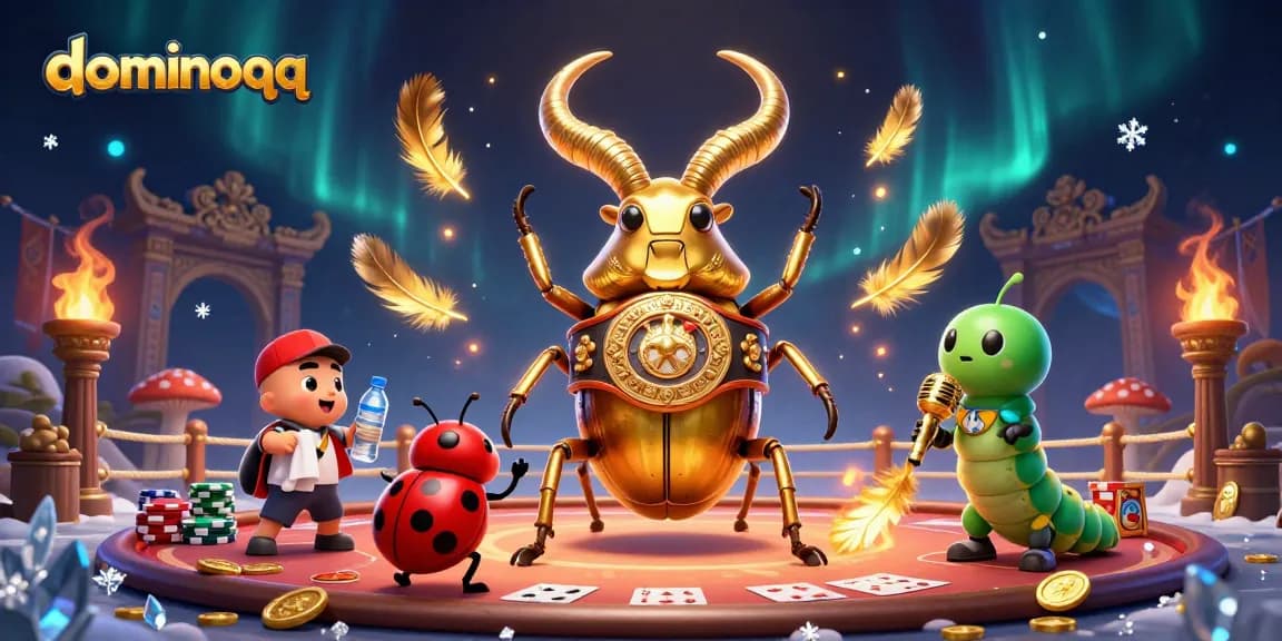 Experience intense gameplay with dominoqq featuring a giant beetle and ladybug in a vibrant poker arena.