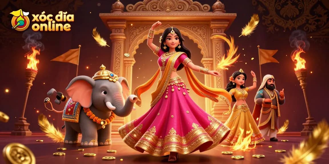 Experience thrilling xóc đĩa online action with vibrant imagery of a beautiful dancer and a bejeweled elephant.