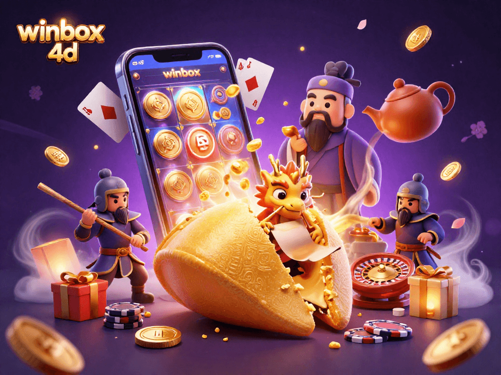 Experience the thrill of winbox 4d with a dynamic casino scene featuring fortune symbols and gold highlights.