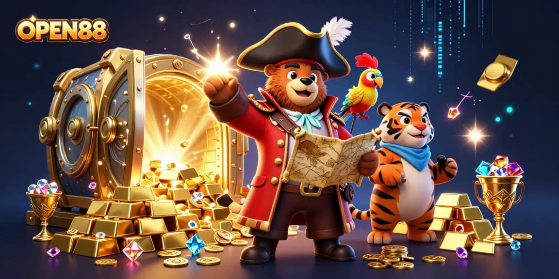Open88 engages players in thrilling casino adventures with cartoon characters amidst treasures and games.