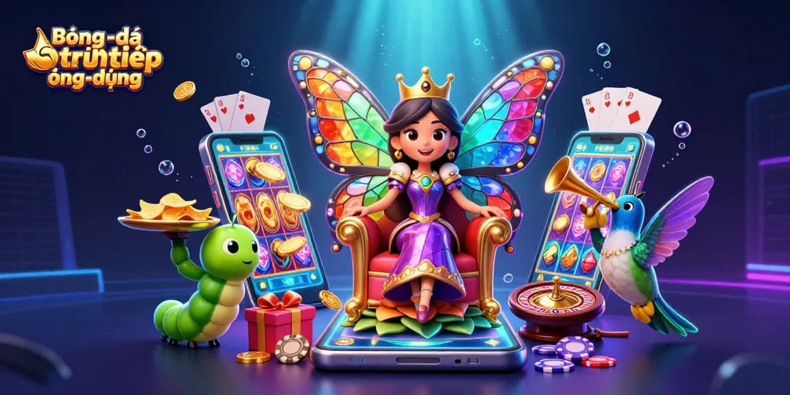 Bóngđátrựctiếpứngdụng showcases a colorful casino scene with a butterfly queen and vibrant slot games.
