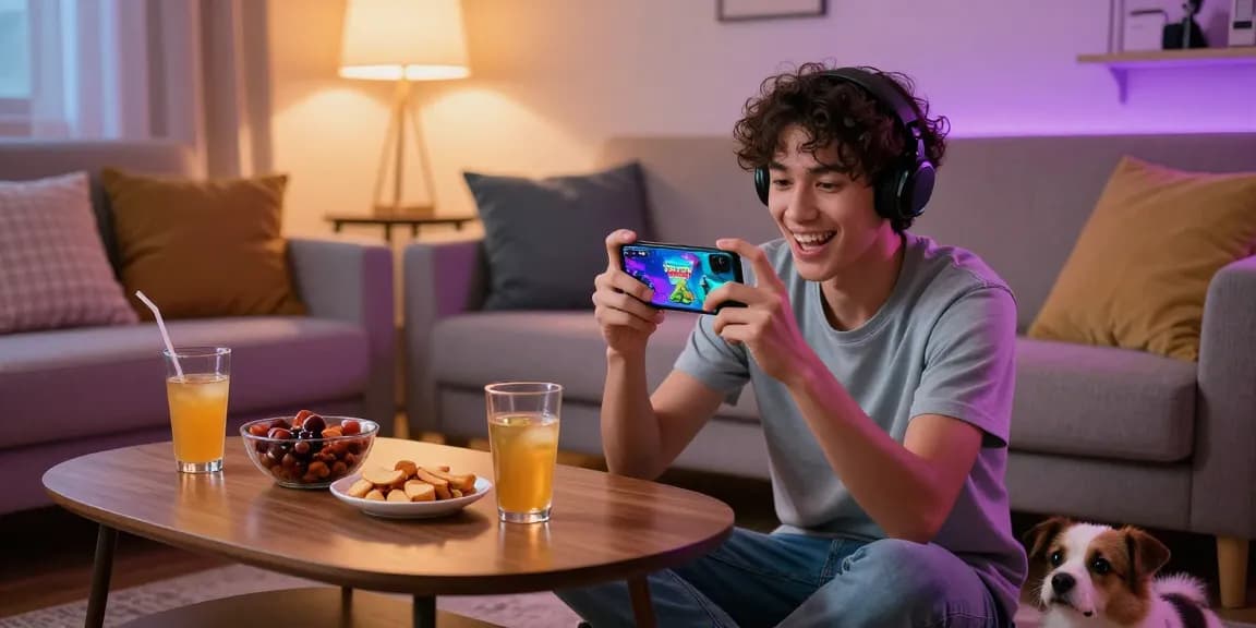 Engaged player enjoying jz777games on smartphone in a cozy living room with snacks.