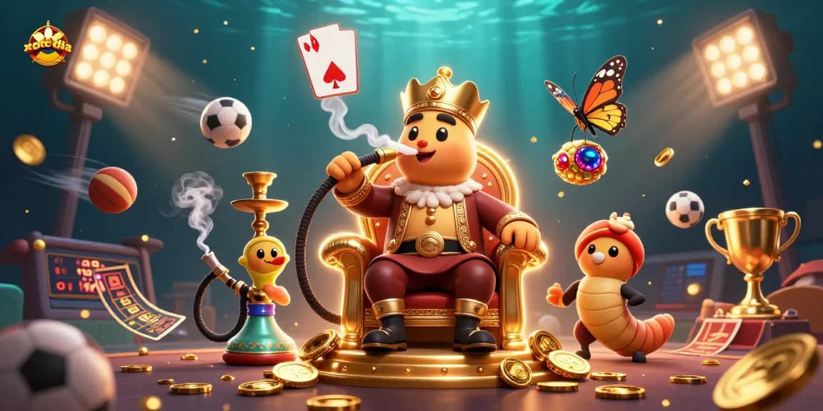 Xóc đĩa game illustrated with a caterpillar hookah-master and dynamic elements like sports balls and betting slips.