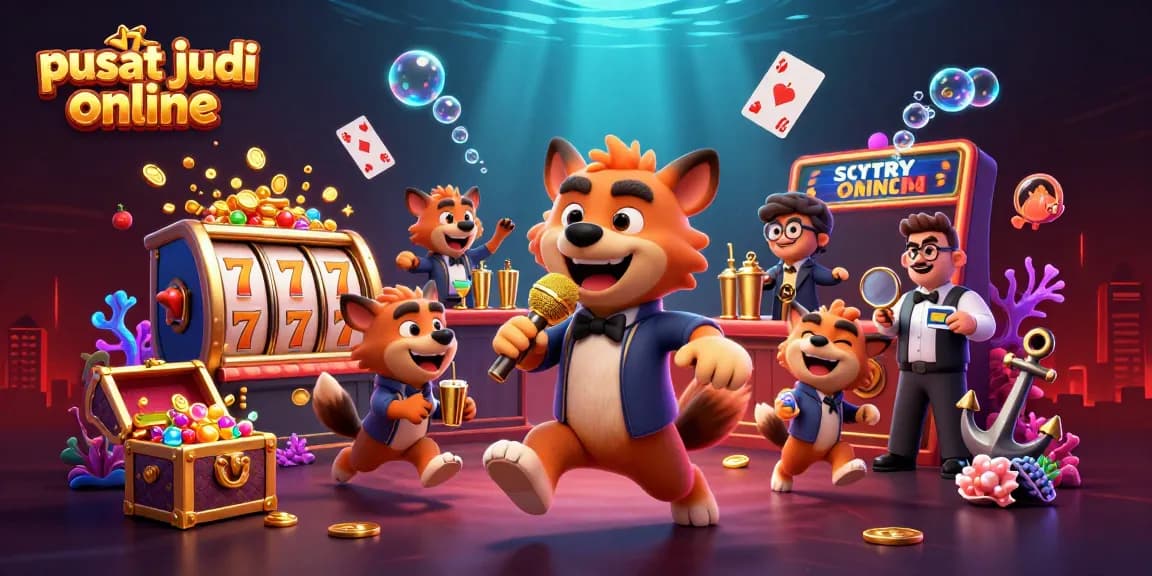 Menggambarkan pusat judi online dengan hyena komedi di kasino dan slot yang berputar penuh warna.