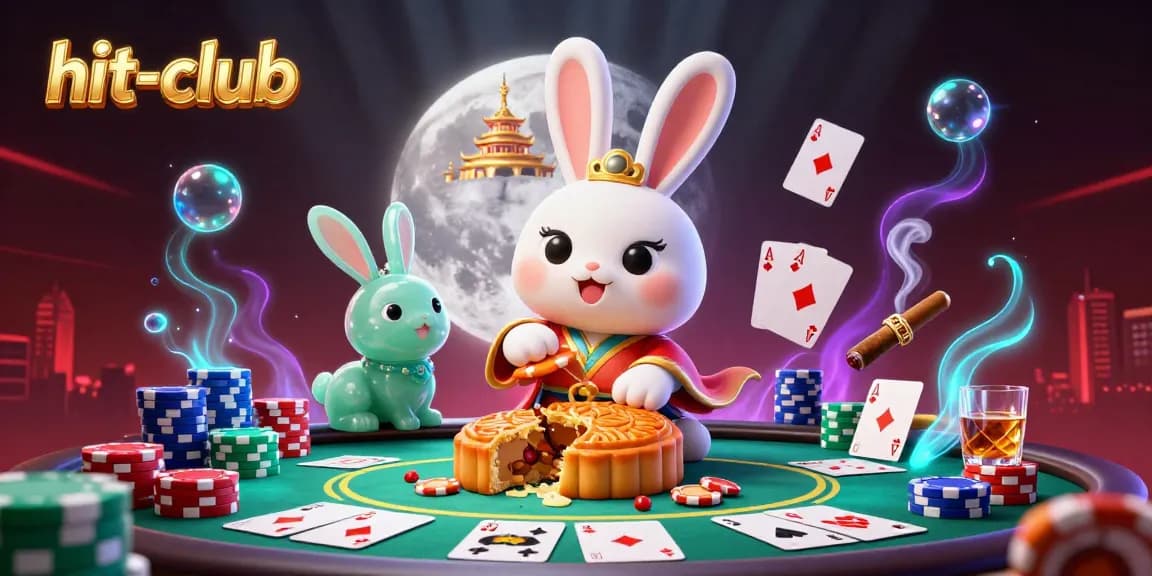 Winning with the hit-club: Moon rabbits, poker chips, and casino excitement in a dynamic scene.
