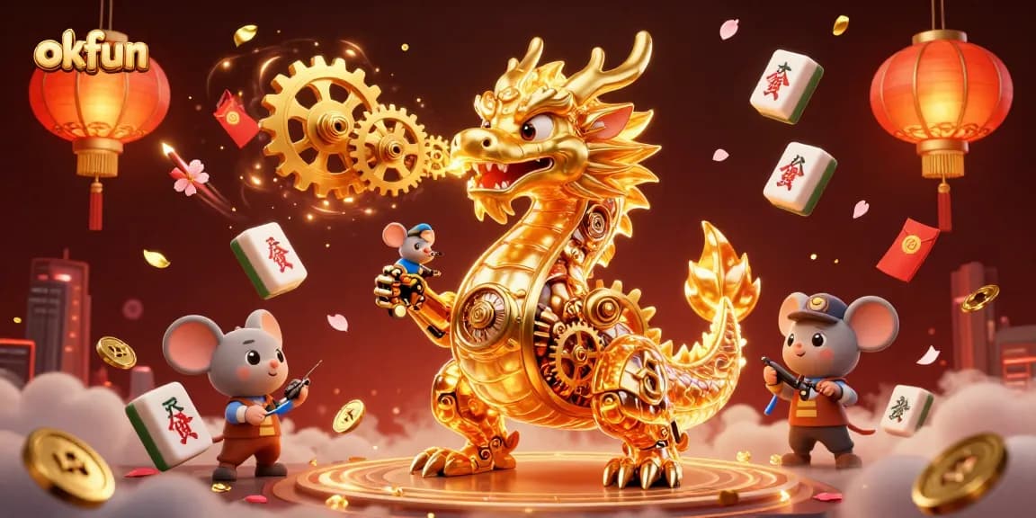 Engage in the thrill of gaming with okfun, featuring a dynamic 3D casino scene filled with gold dragon and exciting elements.