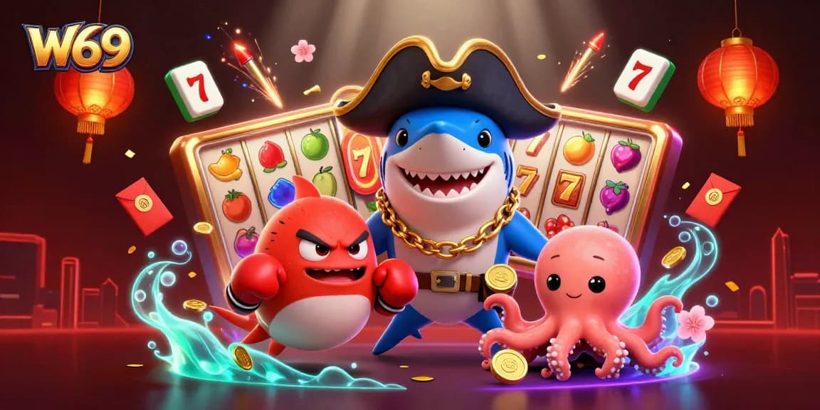 W69 engages players with vibrant slot reels and charming underwater characters in this colorful casino illustration.