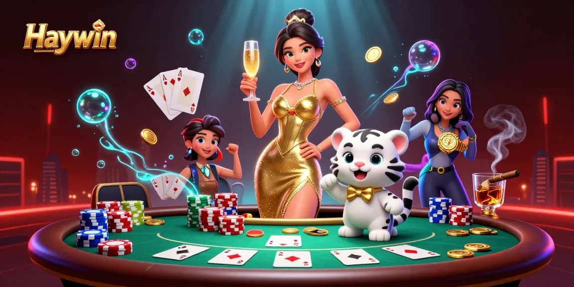 Engage with Haywin's thrilling casino scene featuring a glamorous woman and a lucky tiger amidst vibrant poker elements.