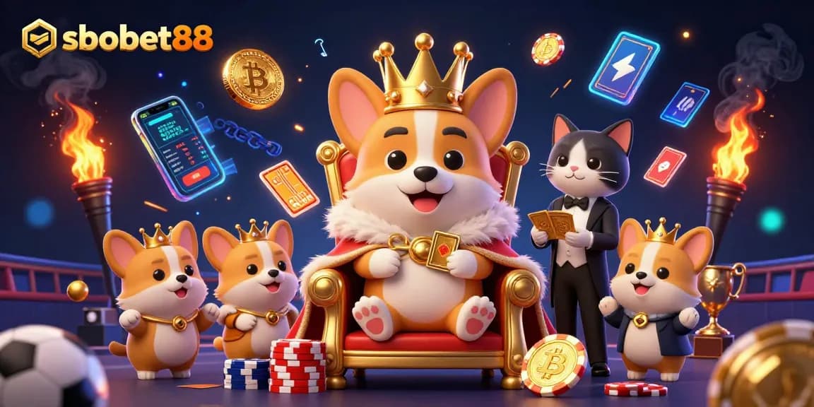 SboBet88 sports betting action with a cartoon corgi king surrounded by gaming elements and neon crypto coins