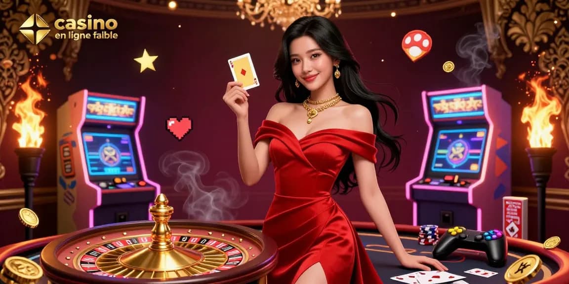 Vivez l'excitation du casino en ligne fiable avec une femme confiante tenant une carte en or à côté d'une roulette.