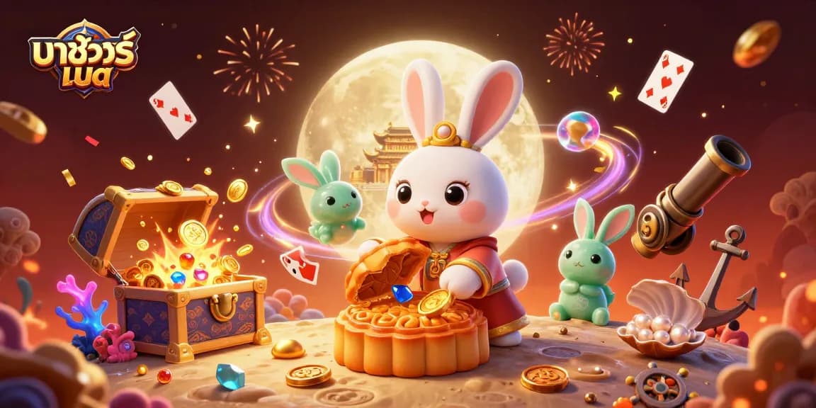 Join the excitement of มาชัวร์เบท as the moon rabbit reveals poker chips and treasures in a fantasy scene.