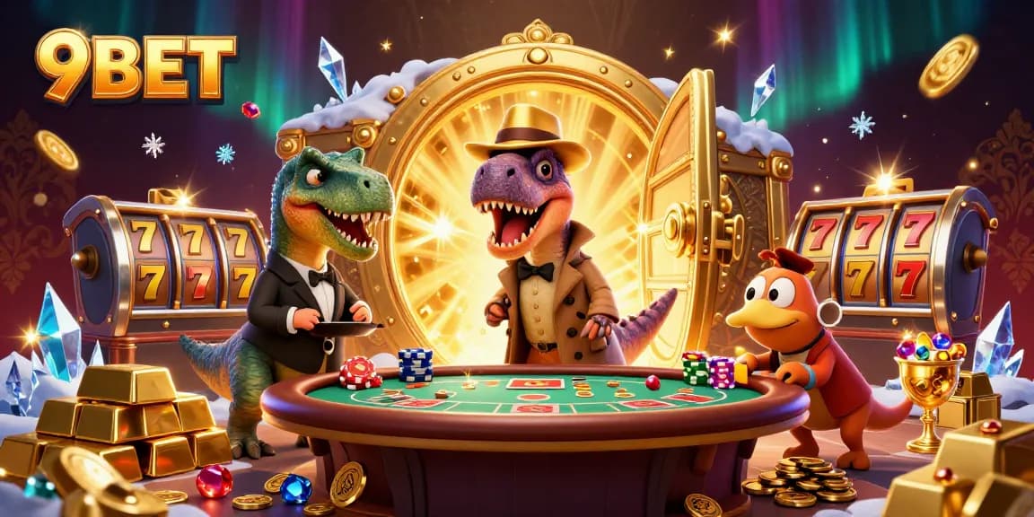 Engage with the thrilling 9BET casino scene featuring unique characters at a blackjack table.
