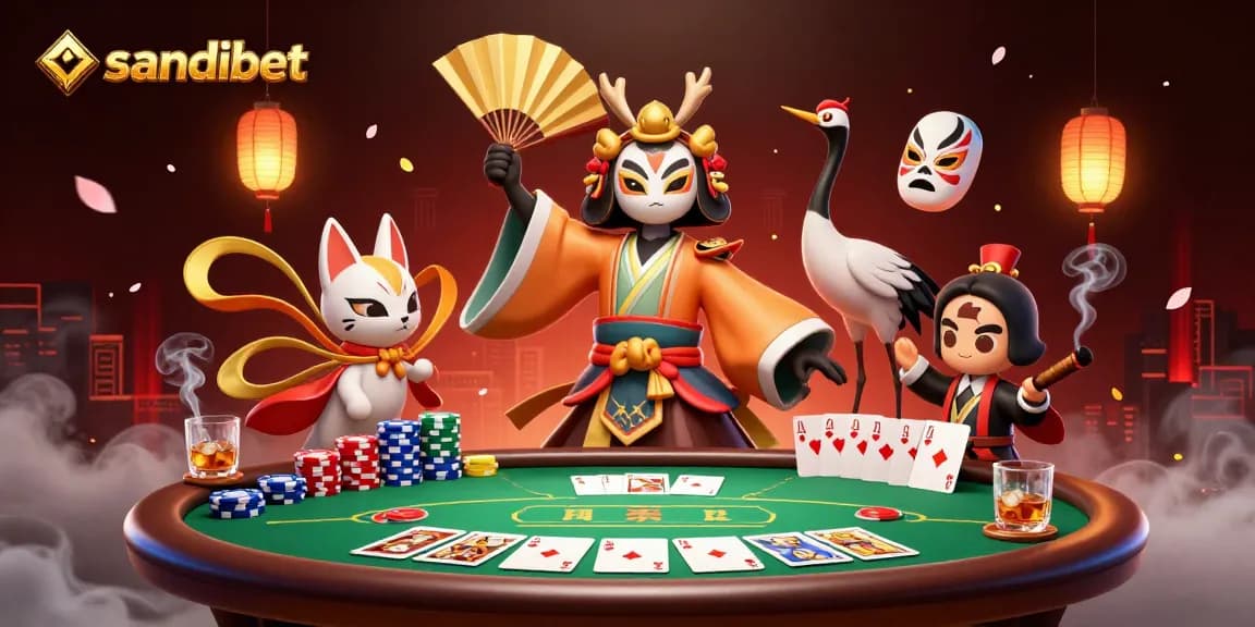 Experience thrilling poker action with sandibet featuring a kabuki warrior, kitsune mask, and vibrant game elements.
