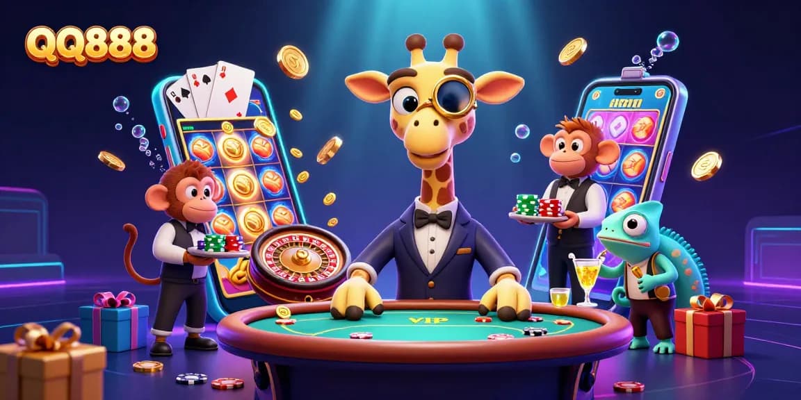 Engage in the thrill of QQ888 with a high-roller giraffe at a shimmering casino scene.