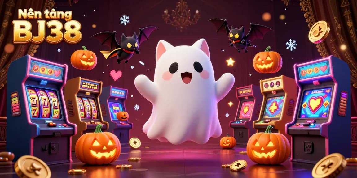 Engage with Nền tảng BJ38 as a ghost cat and friends explore a vibrant haunted casino.