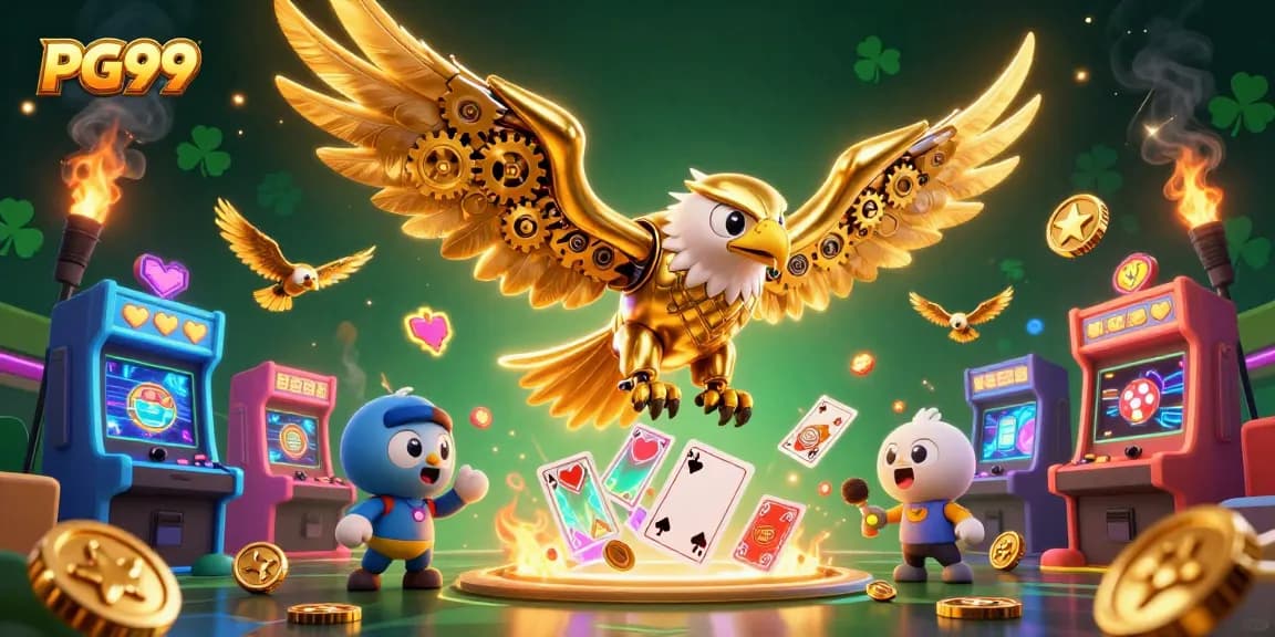 Experience thrilling gameplay with PG99 as a golden eagle dives through holographic cards in a dynamic casino scene.