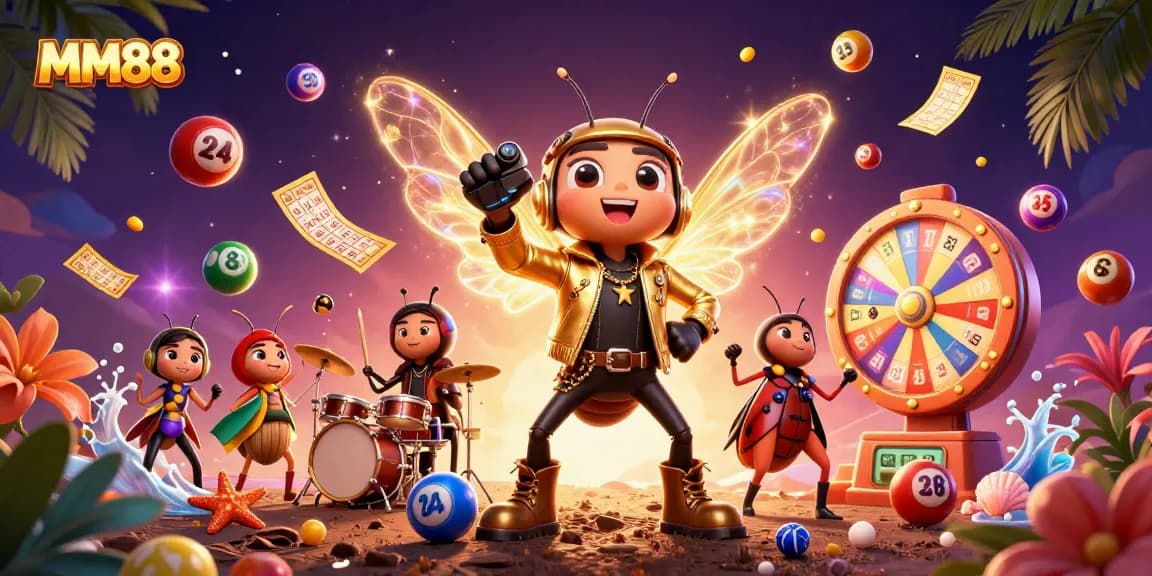 Experience the excitement of MM88 with vibrant lottery themes and dynamic characters in this lively 3D illustration.