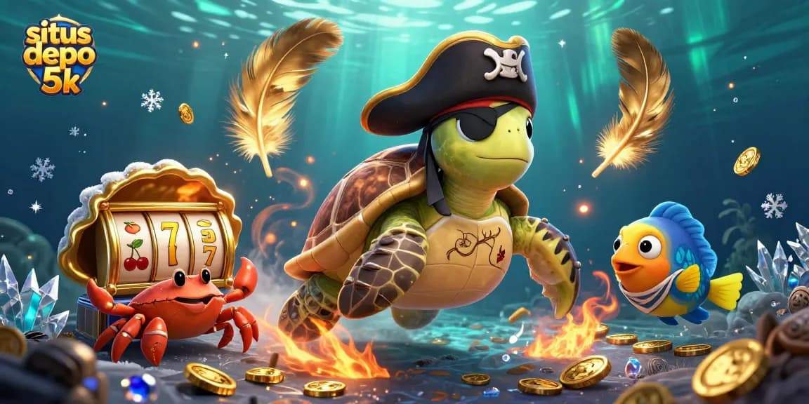 Situs depo 5k features a pirate turtle with treasure amidst dynamic slot reels and betting tokens.