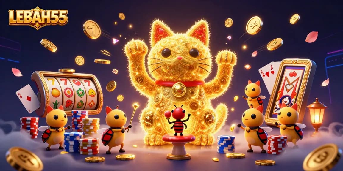Experience the enchanting winning potential of LEBAH55 through an artistic depiction of a lucky cat and vibrant casino elements.