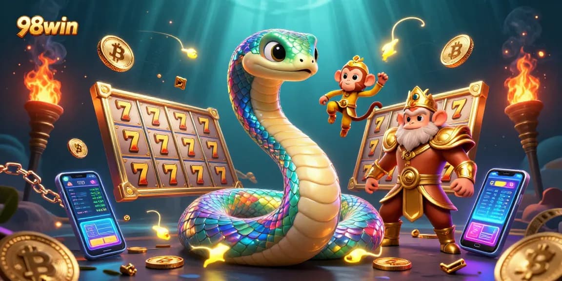 Engage with 98win's thrilling slots and jackpots in a vibrant 3D casino scene.