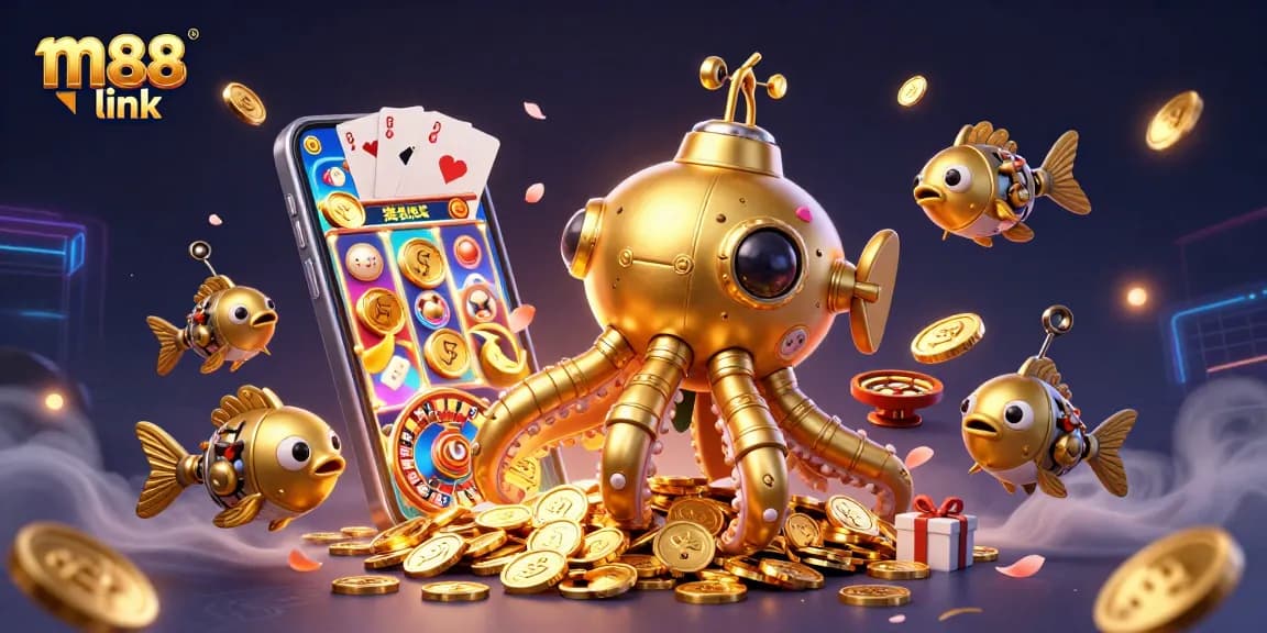Bet on m88 link with a vibrant 3D illustration showcasing golden kraken submarine and slot games.