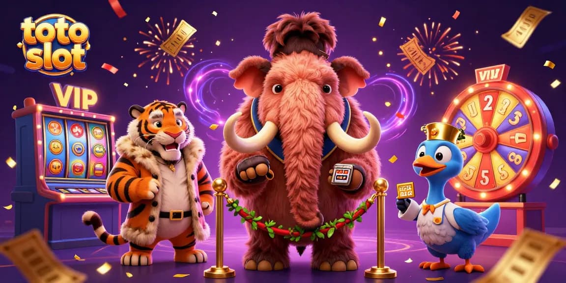 Engage with the vibrant toto slot scene featuring a woolly mammoth bouncer, saber-tooth tiger VIP, and lively casino elements.