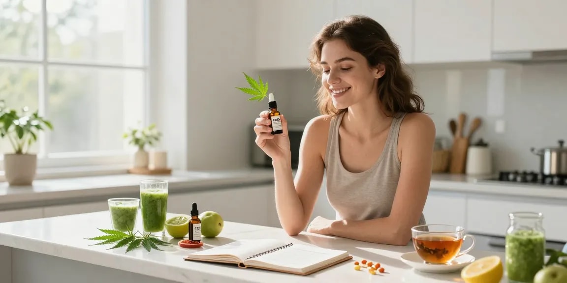 Legal vaping age in Cyprus wellness scene featuring CBD oil, hemp leaves, and natural products in a bright kitchen.