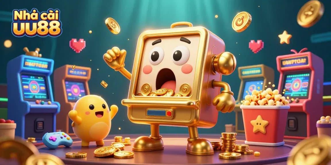 Experience the thrill of Nhà cái uu88 with a vibrant casino scene featuring a surprised slot machine and baby slots.