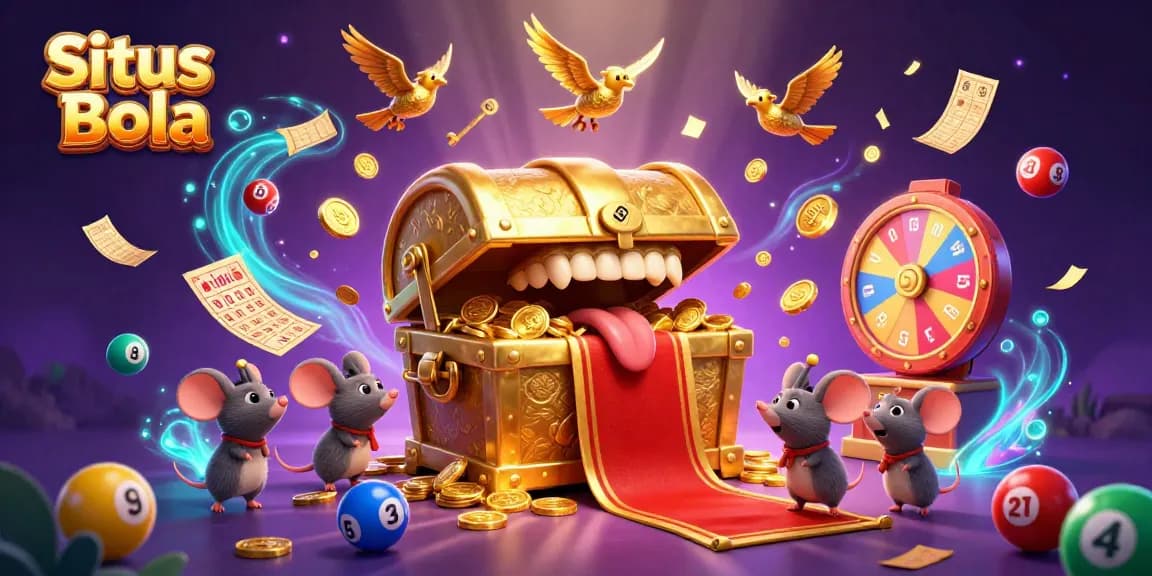 Situs Bola features an adventurous scene with a golden treasure chest and colorful lottery elements, evoking excitement.