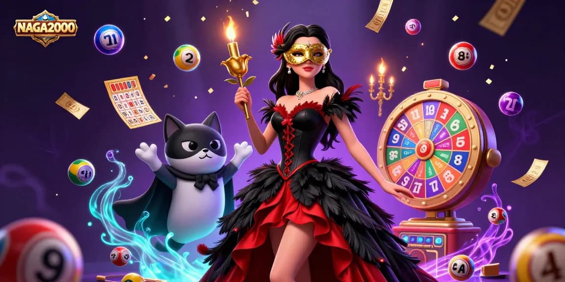 Sebuah adegan perayaan Kasino NAGA2000 dengan seorang wanita glamor, elemen lotere animasi, dan desain yang menakjubkan.