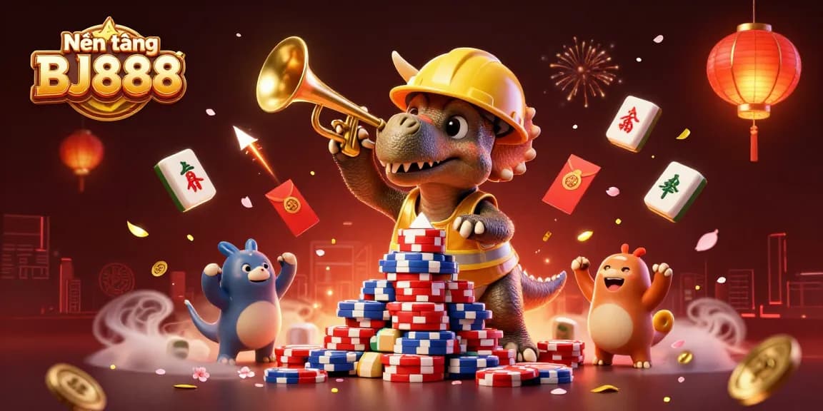 Experience Nền tảng BJ888 with a vibrant celebration of poker chips and festive elements