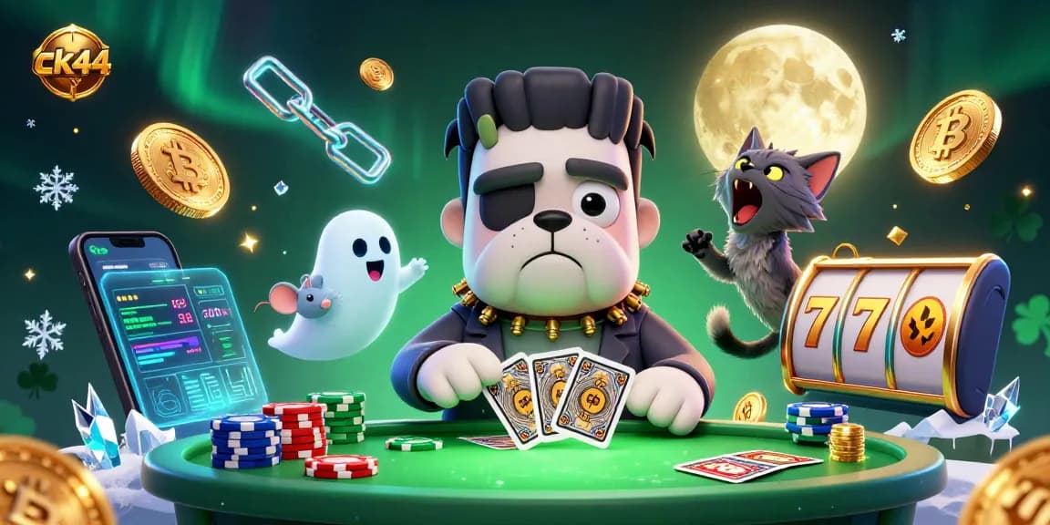 Engage in gaming excitement with ck44 at a vibrant casino scene featuring card-dealing monsters and crypto elements.