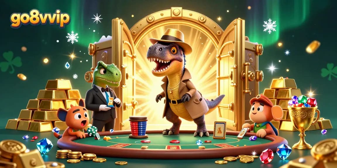 go8vvip velociraptor card counter sneaks chips at a blackjack table with golden treasures.