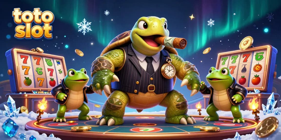 Toto slot menggoda dengan gambar kura-kura besar bergaya mafia, simbol slot, dan lampu kasino yang menawan.