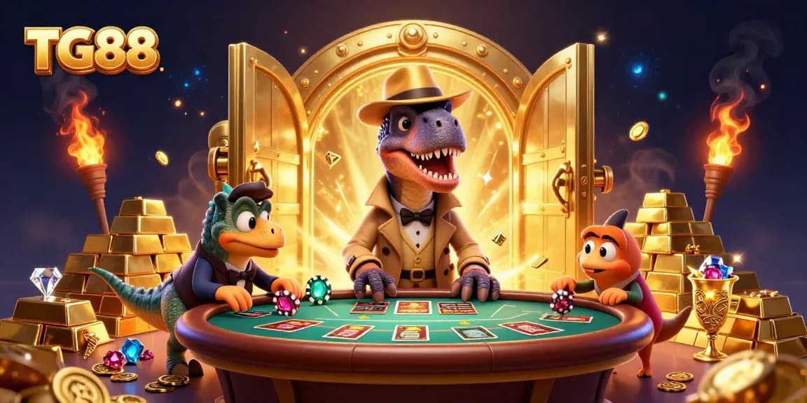 Experience the thrill at TG88 with cartoon dinosaurs engaging in blackjack amid treasures and casino excitement.