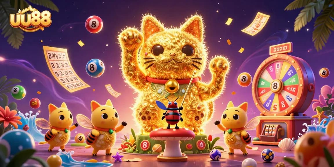 Engage with uu88 through vibrant casino symbols and exciting gaming elements in this 3D illustration.