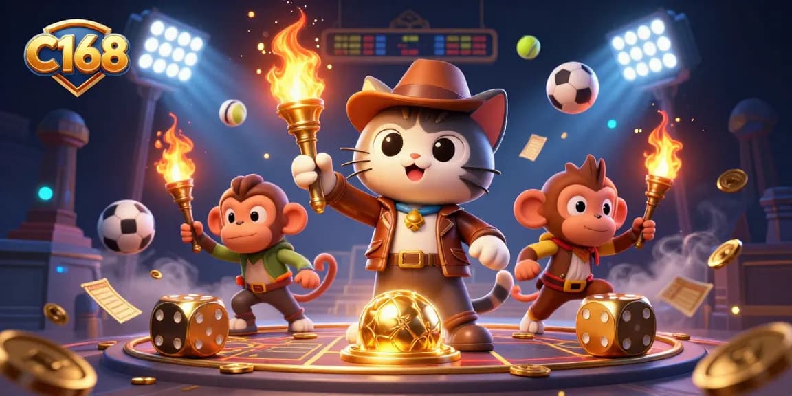 C168 cat archaeologist uncovers golden casino artifacts amidst dynamic sports elements, capturing thrilling gaming action.