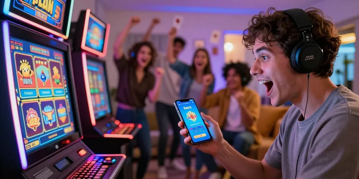 Excited player signing up on Alano Dt 5 app in engaging gaming atmosphere with friends