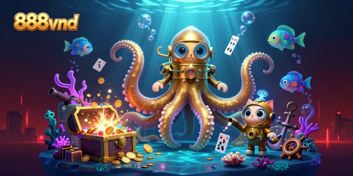 Experience thrilling gameplay at 888vnd with a vibrant casino scene featuring a kraken, diving cat, and treasures.