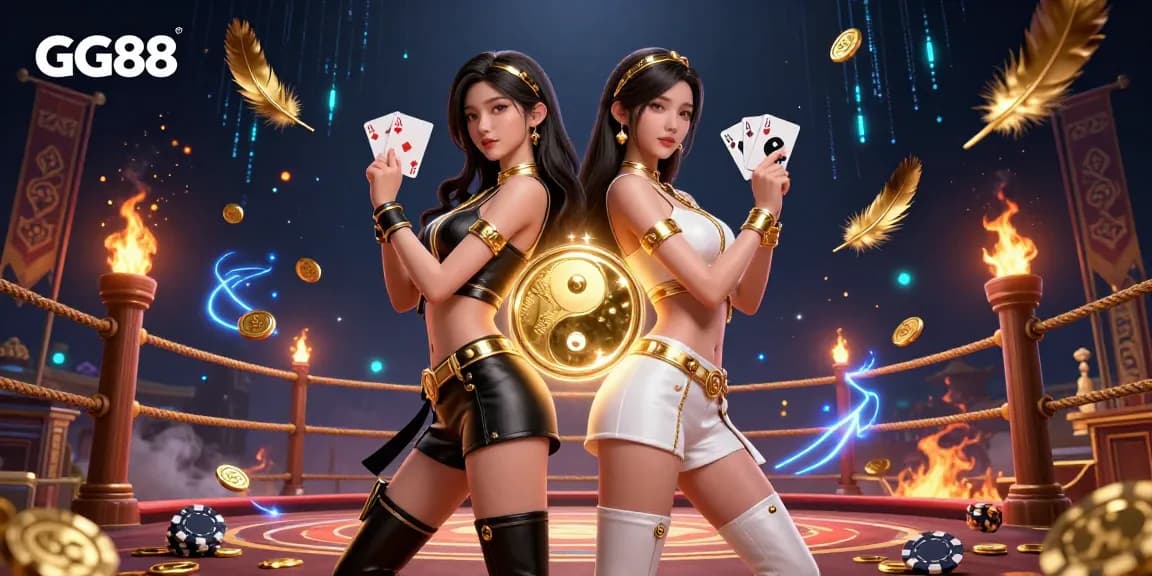 Experience the excitement of GG88 with stunning twin Asian women showcasing their poker skills amidst a dazzling casino backdrop.