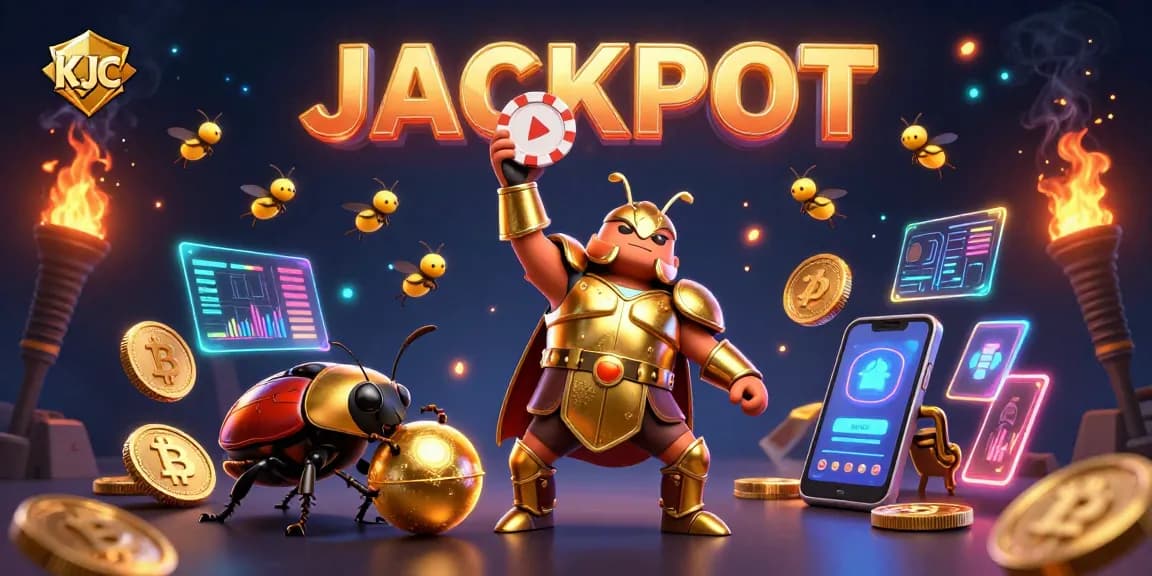 KJC showcases an epic casino victory with a beetle champion lifting a poker chip in a dynamic scene