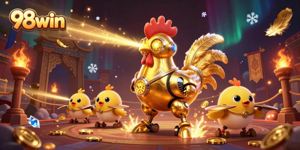 Engage with 98win's thrilling gaming experience featuring a golden rooster robot and baby chick drones in an energetic casino setting.