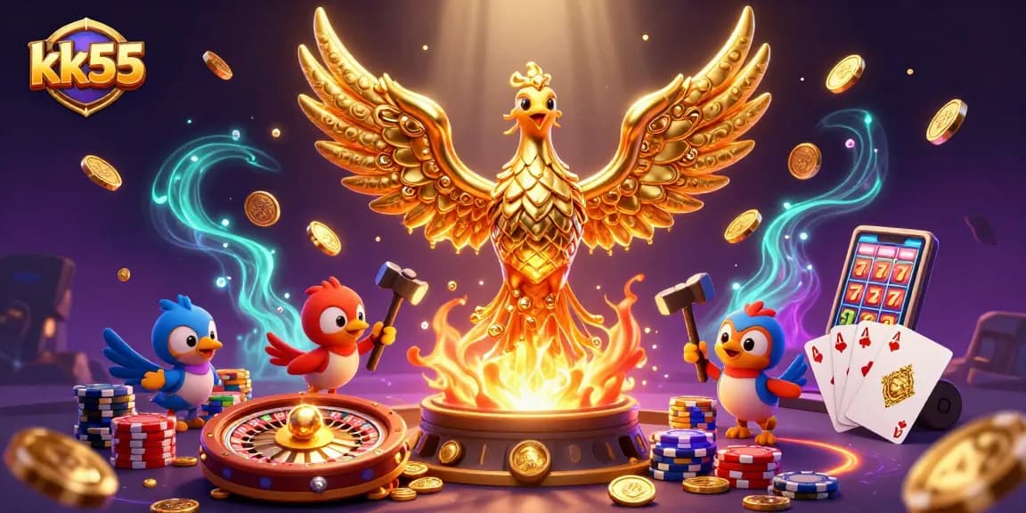Experience thrilling fun at KK55 as the golden phoenix drops coins in a dazzling casino scene.