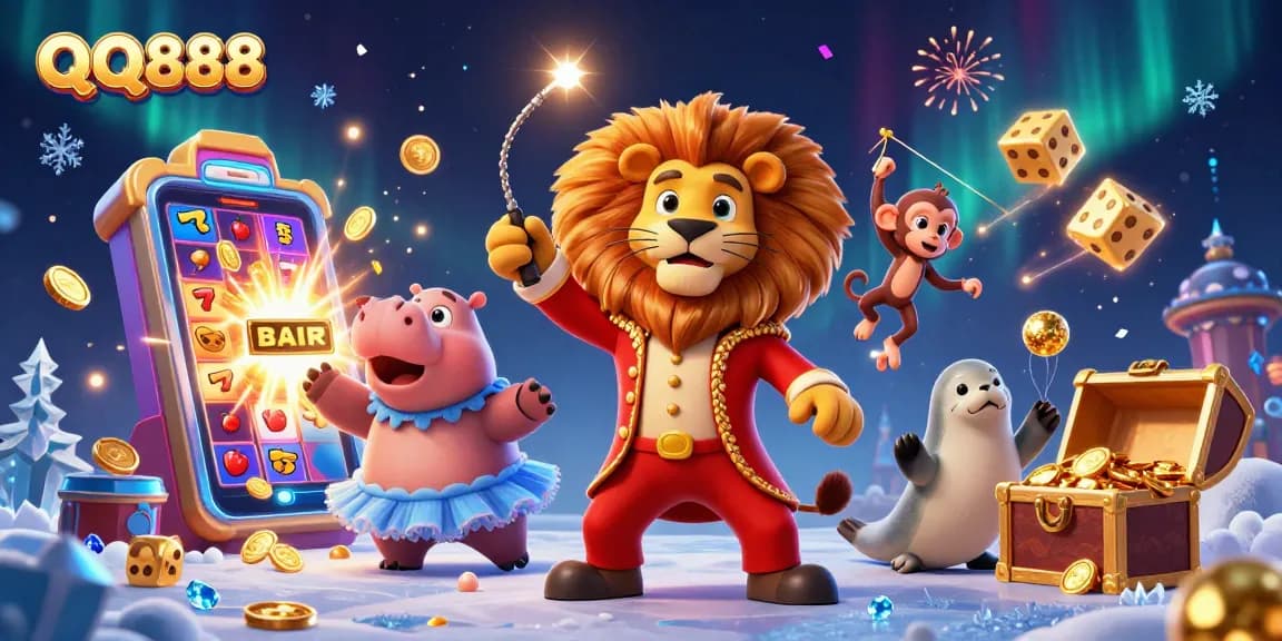 Experience the excitement of QQ888 with vibrant characters and dynamic casino elements.