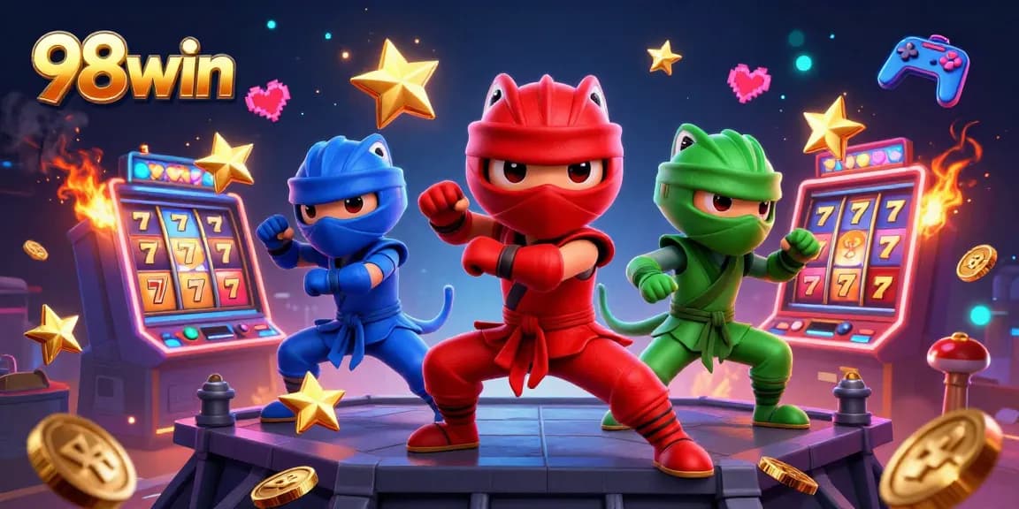 Experience thrilling gameplay at 98win with vibrant casino-themed 3D art showcasing colorful slot machines.