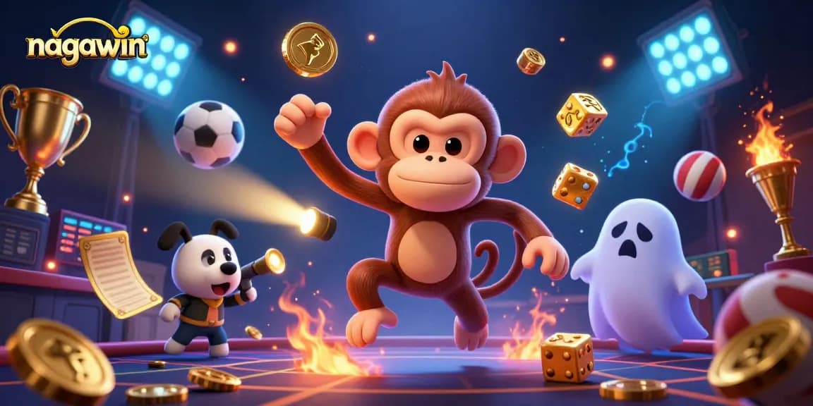 Engage with nagawin's thrilling casino experience as a mischievous monkey juggles gaming treasures.