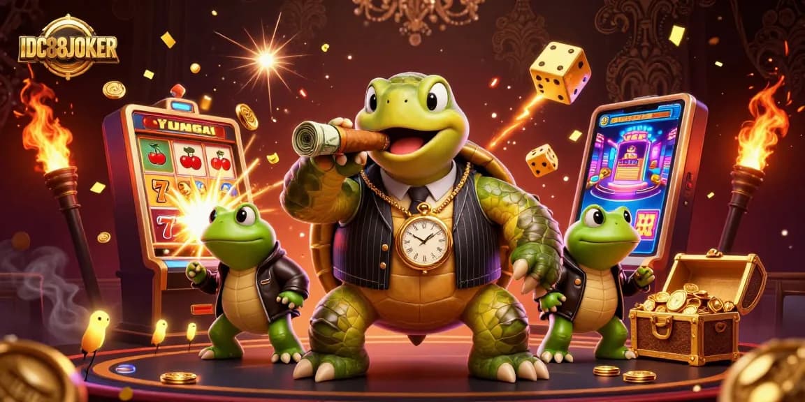 Experience IDC88JOKER excitement with a charismatic turtle mobster in a vibrant casino scene.