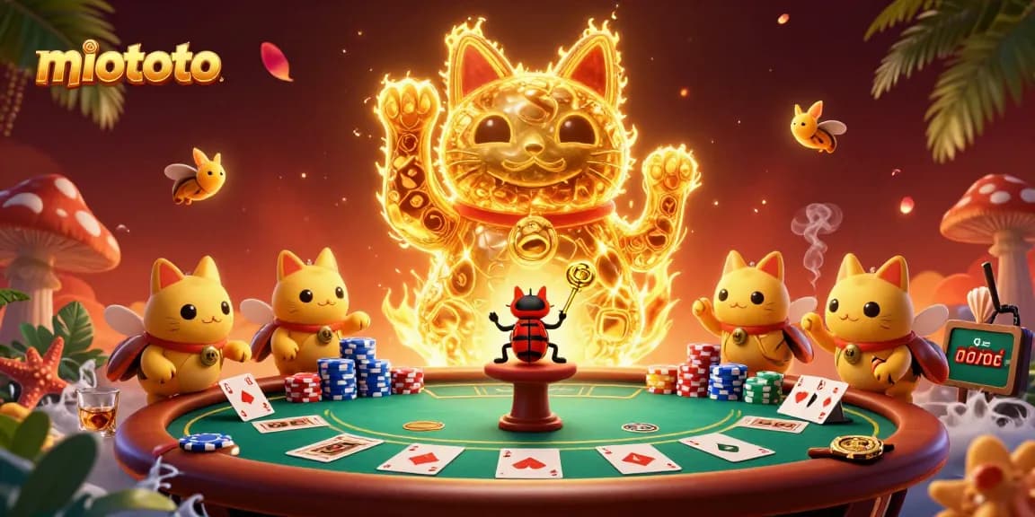 Engage in thrilling gambling with miototo as a lucky cat captivates players with poker and casino symbols.