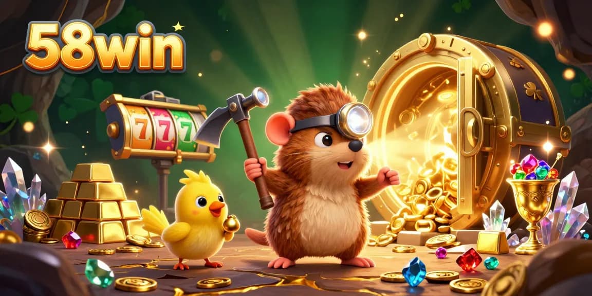Experience thrilling wins with 58win in this vibrant 3D casino scene filled with treasure and excitement.